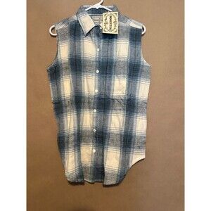 Rosette Women’s Medium 100% Cotton Sleeveless Flannel Plaid Blouse Blue **